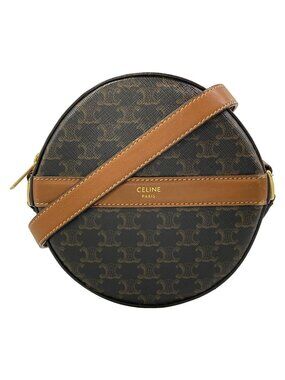 Celine Shoulder Bag Triomphe Canvas Dark Brown Leather